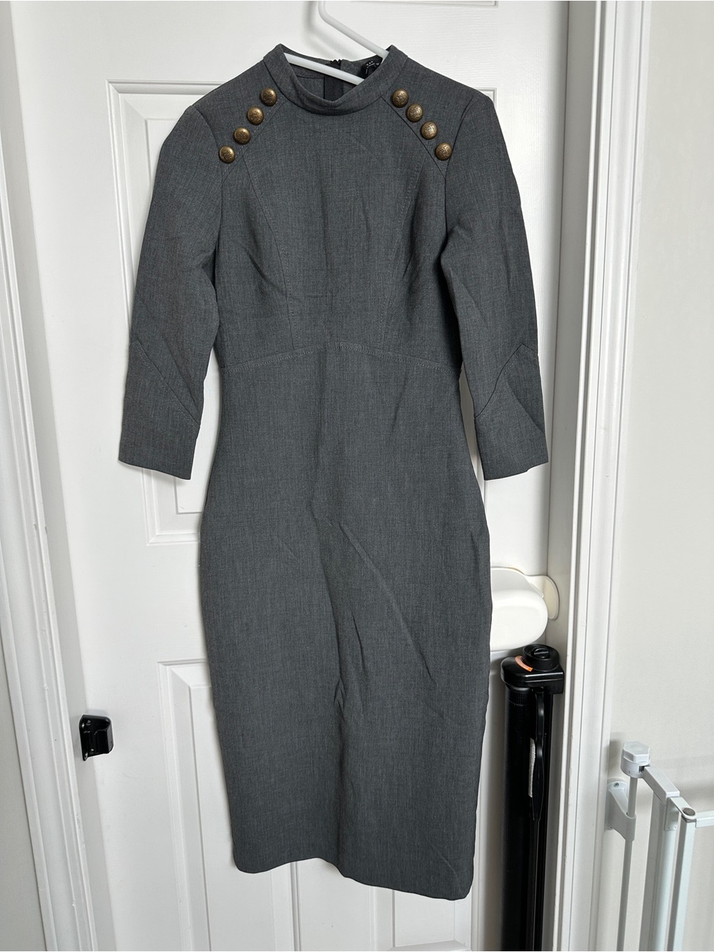Zara Gray Long-Sleeve Midi Dress with Gold Buttons - S
